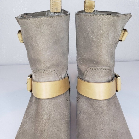 TORY BURCH Bennie Moto Engineer BootsTaupe Leather Double Buckle Ankle Size 7.5M - Picture 3 of 16